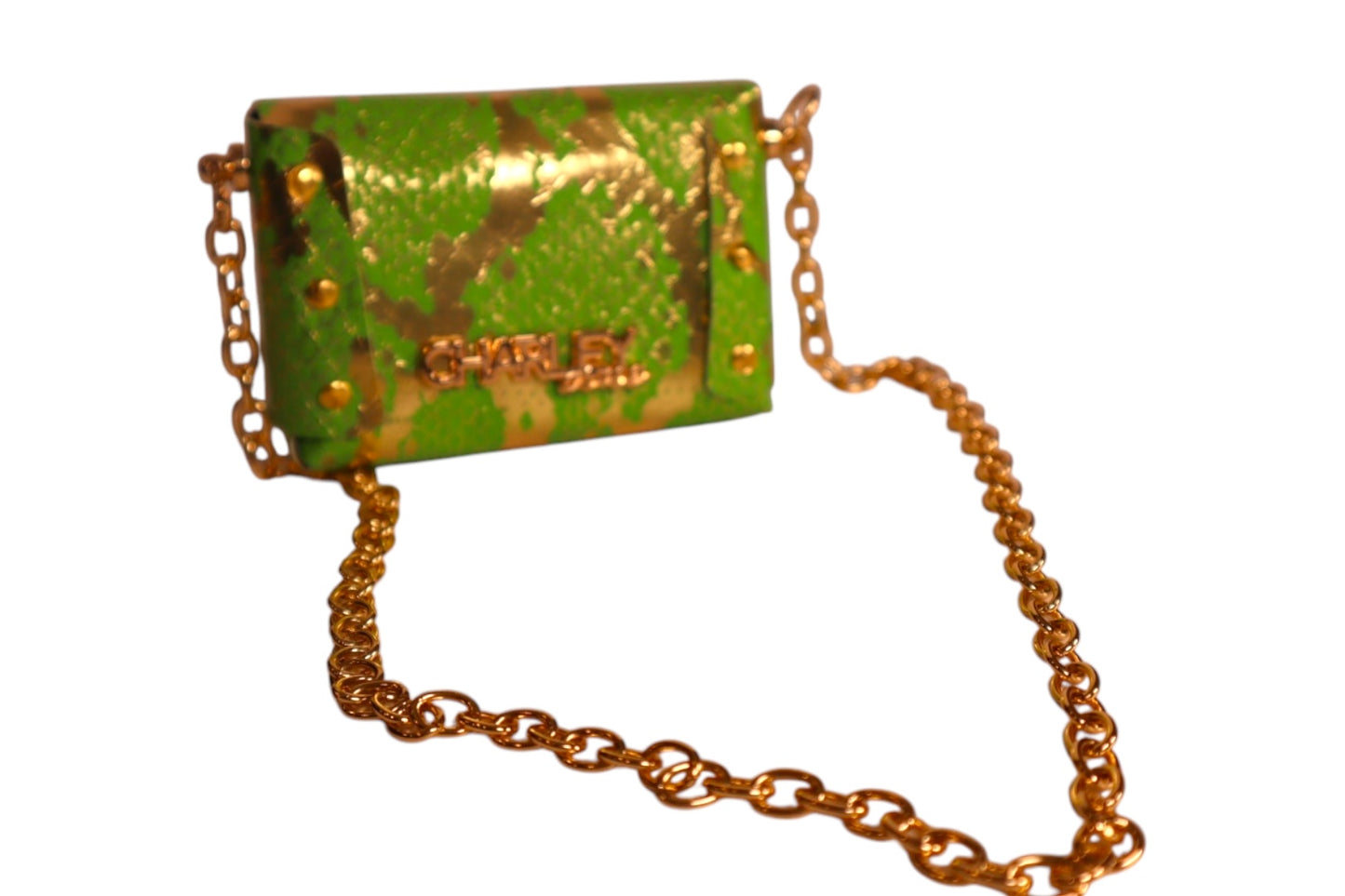 Handmade lime green and gold foil faux snake skin kids tiny crossbody bag