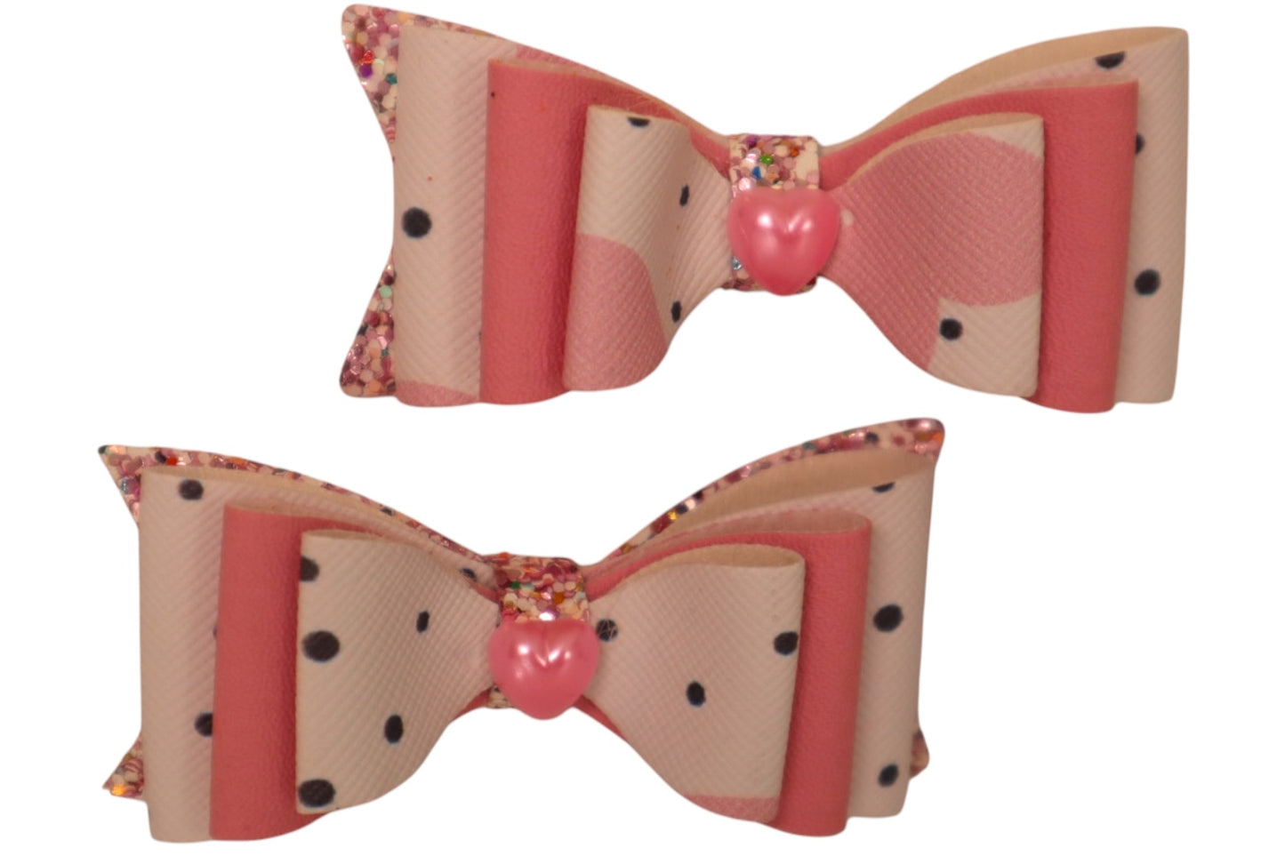 Handmade faux leather pink and white sweetheart pigtail hair bows