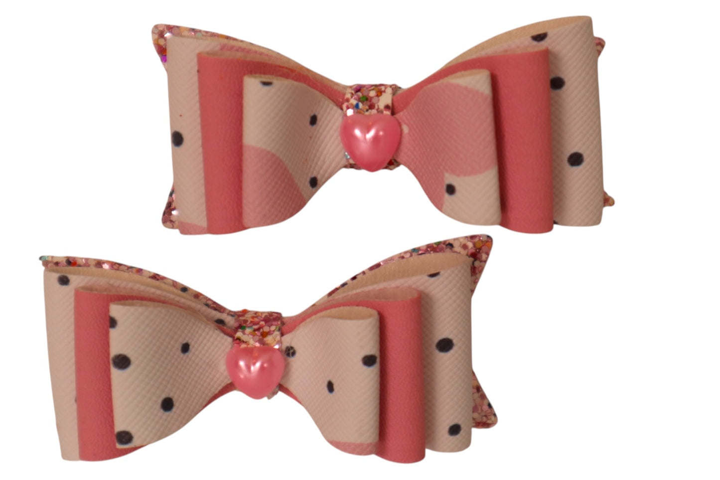 Handmade faux leather pink and white sweetheart pigtail hair bows