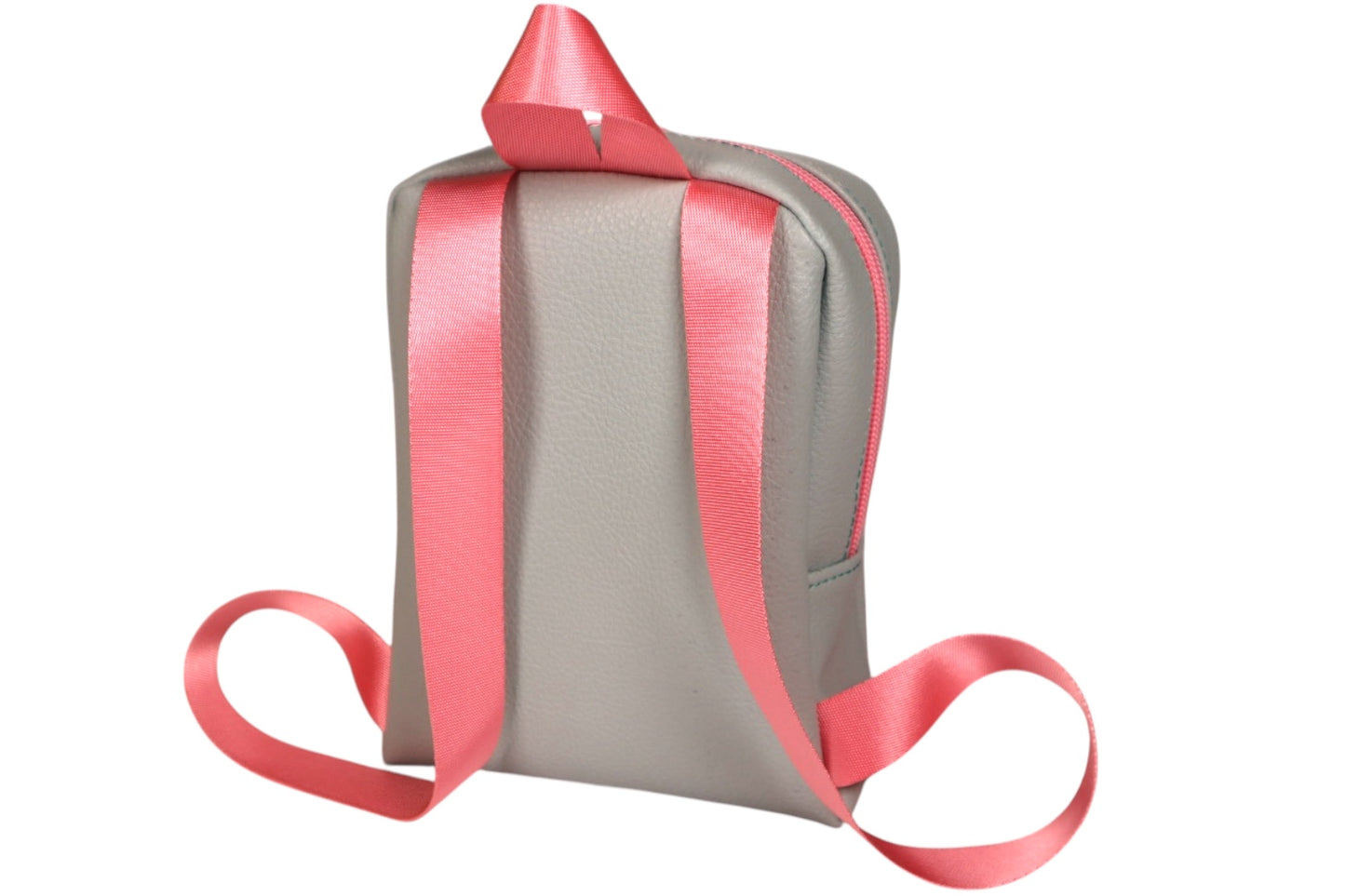 Handmade light blue toddler backpack with pink straps and butterfly bow accent