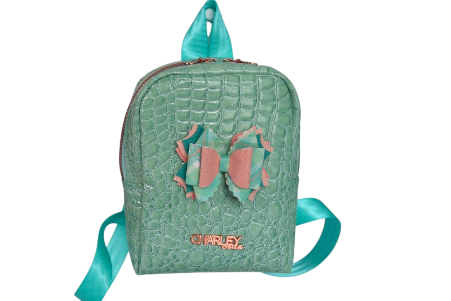Handmade teal green toddler backpack with bow accent
