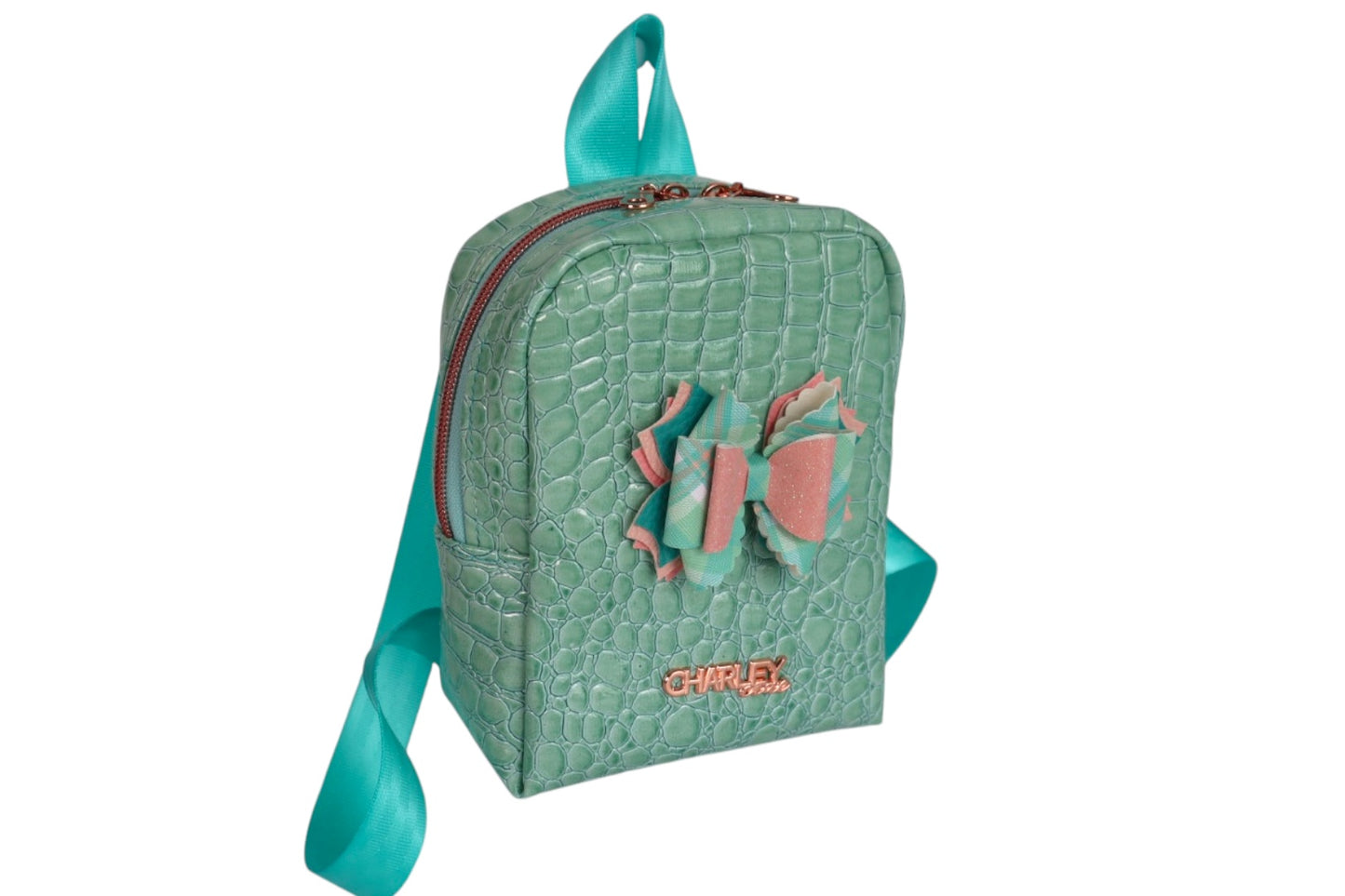 Handmade teal green toddler backpack with bow accent