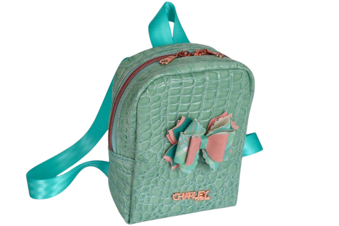 Handmade teal green toddler backpack with bow accent