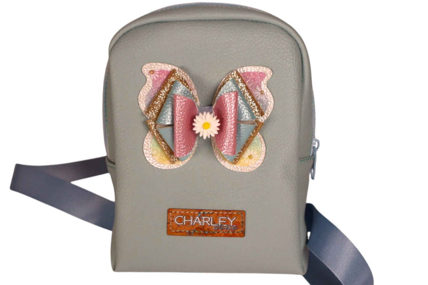 Light Blue faux leather handmade toddler backpack with butterfly bow