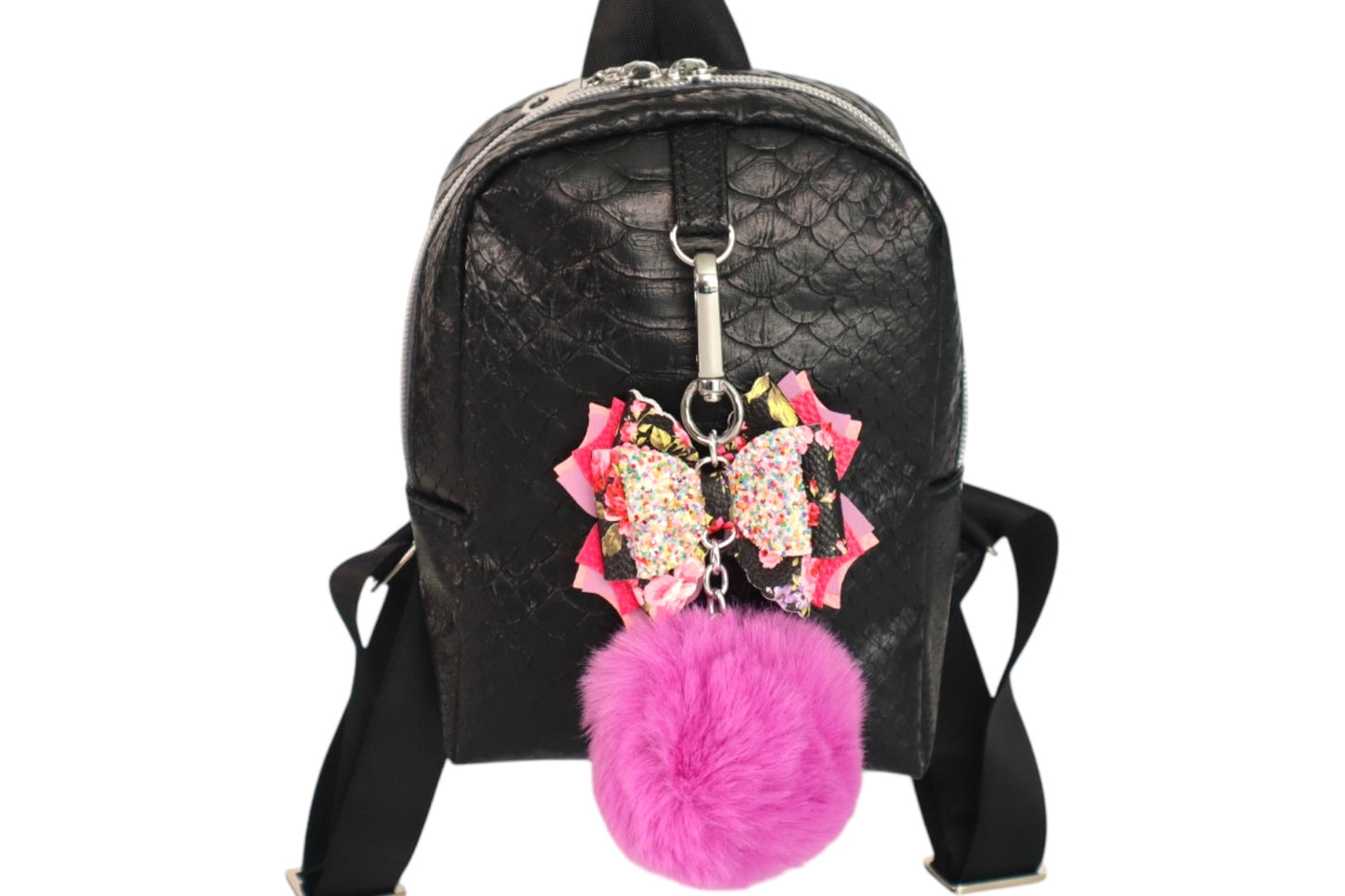 Handmade black faux crocodile skin kids fashion backpack with adjustable straps and removable pom pom bow keychain