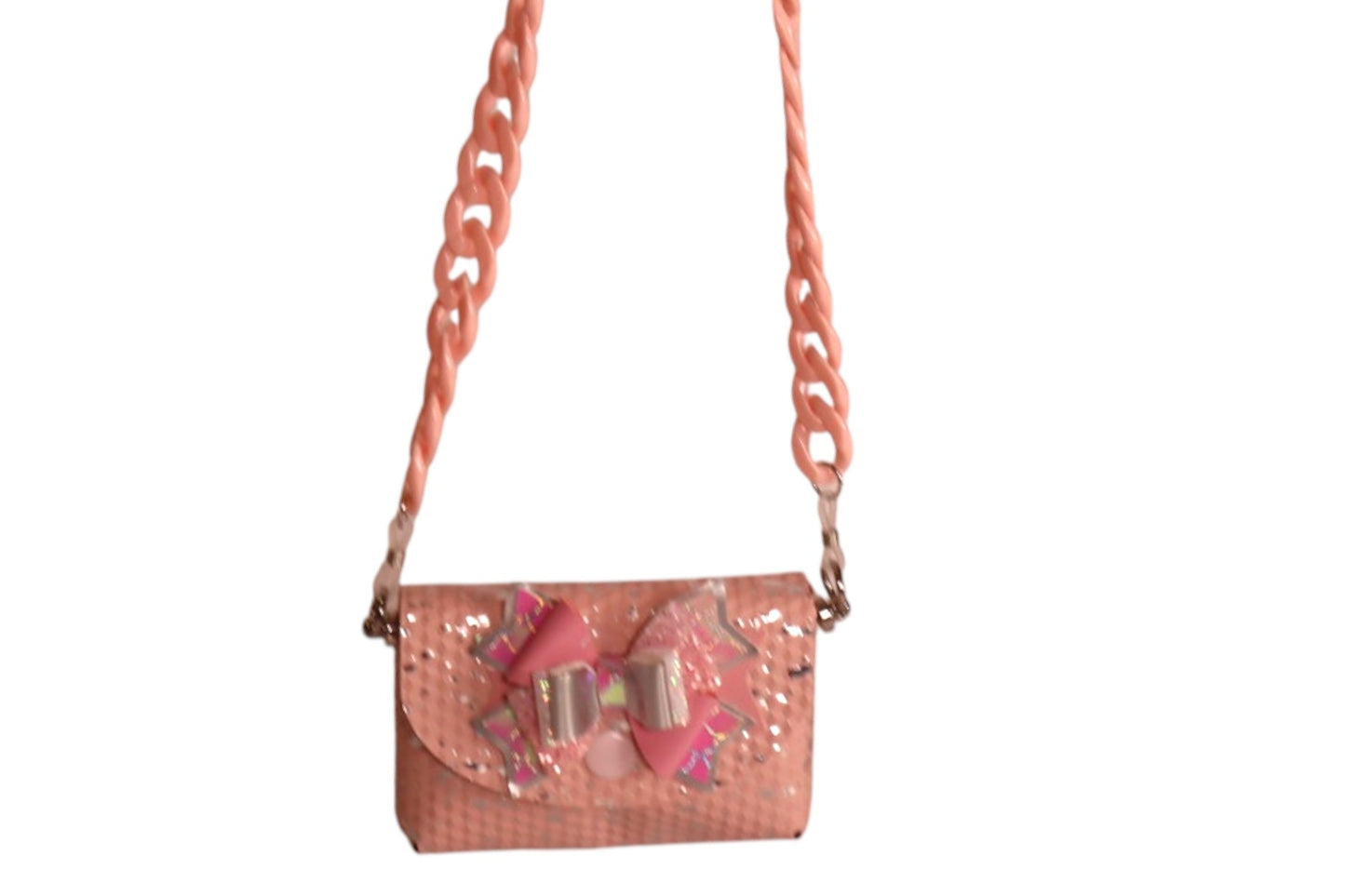 Tiny pink child’s handmade crossbody bag with 2 matching pigtail bows