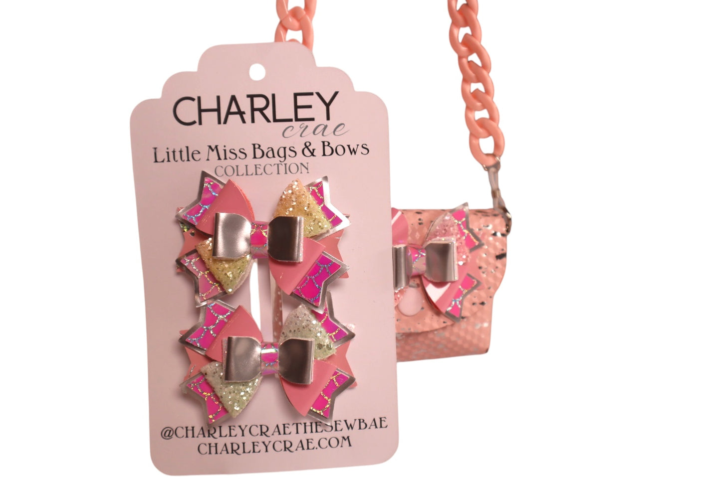 Tiny pink child’s handmade crossbody bag with 2 matching pigtail bows