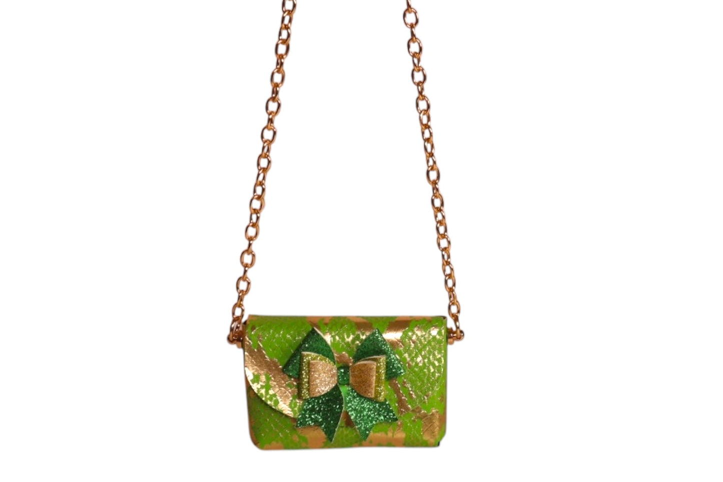 Handmade lime green and gold foil faux snake skin kids tiny crossbody bag