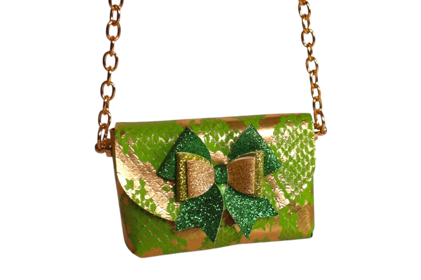Handmade lime green and gold foil faux snake skin kids tiny crossbody bag