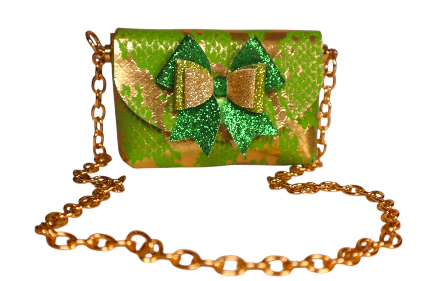 Handmade lime green and gold foil faux snake skin kids tiny crossbody bag