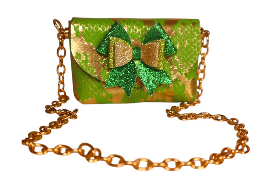 Handmade lime green and gold foil faux snake skin kids tiny crossbody bag