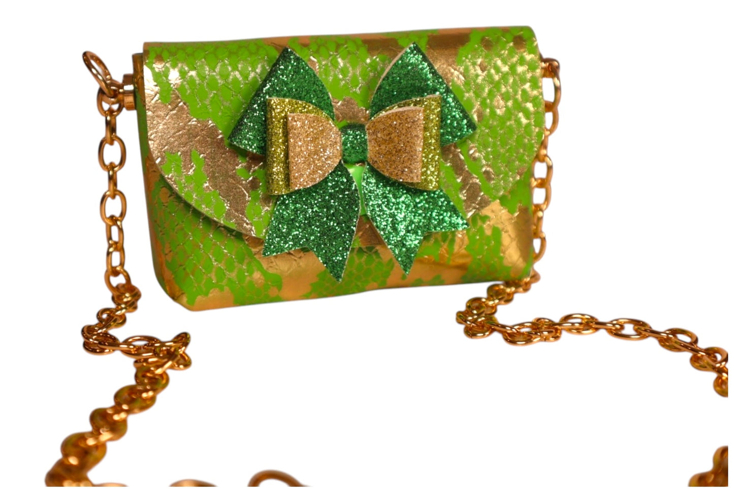 Handmade lime green and gold foil faux snake skin kids tiny crossbody bag