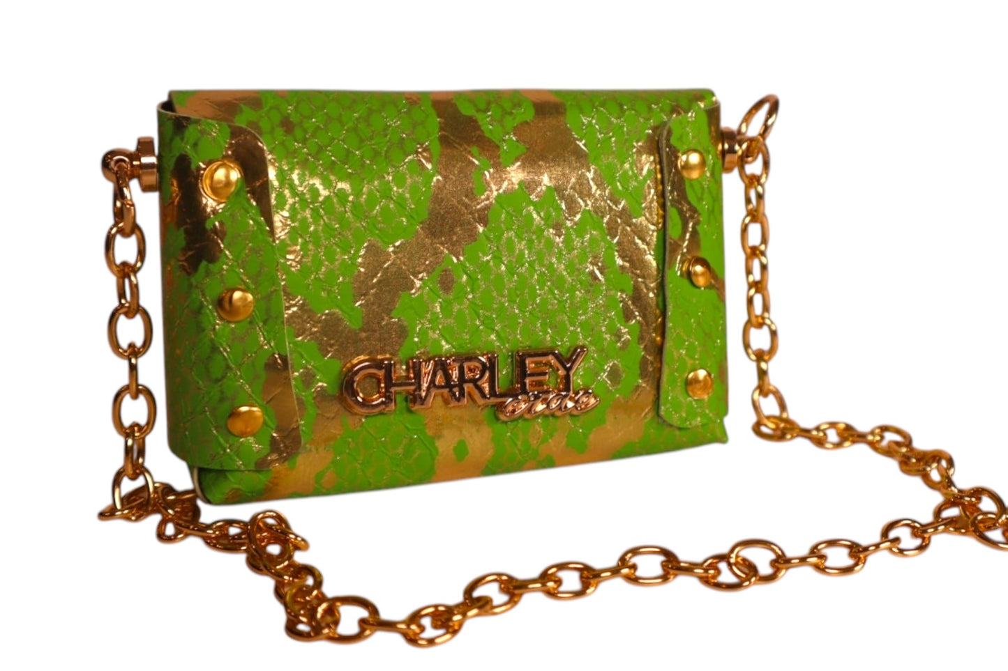 Handmade lime green and gold foil faux snake skin kids tiny crossbody bag