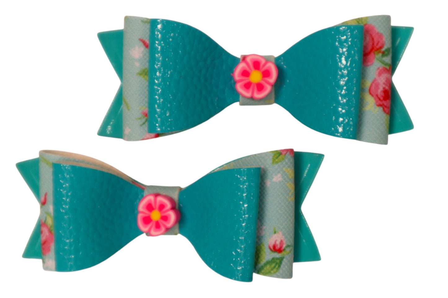 Handmade turquoise pigtail hair bows