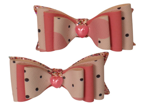 Handmade faux leather pink and white sweetheart pigtail hair bows