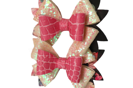 Handmade pink faux crocodile skin pigtail hair bows