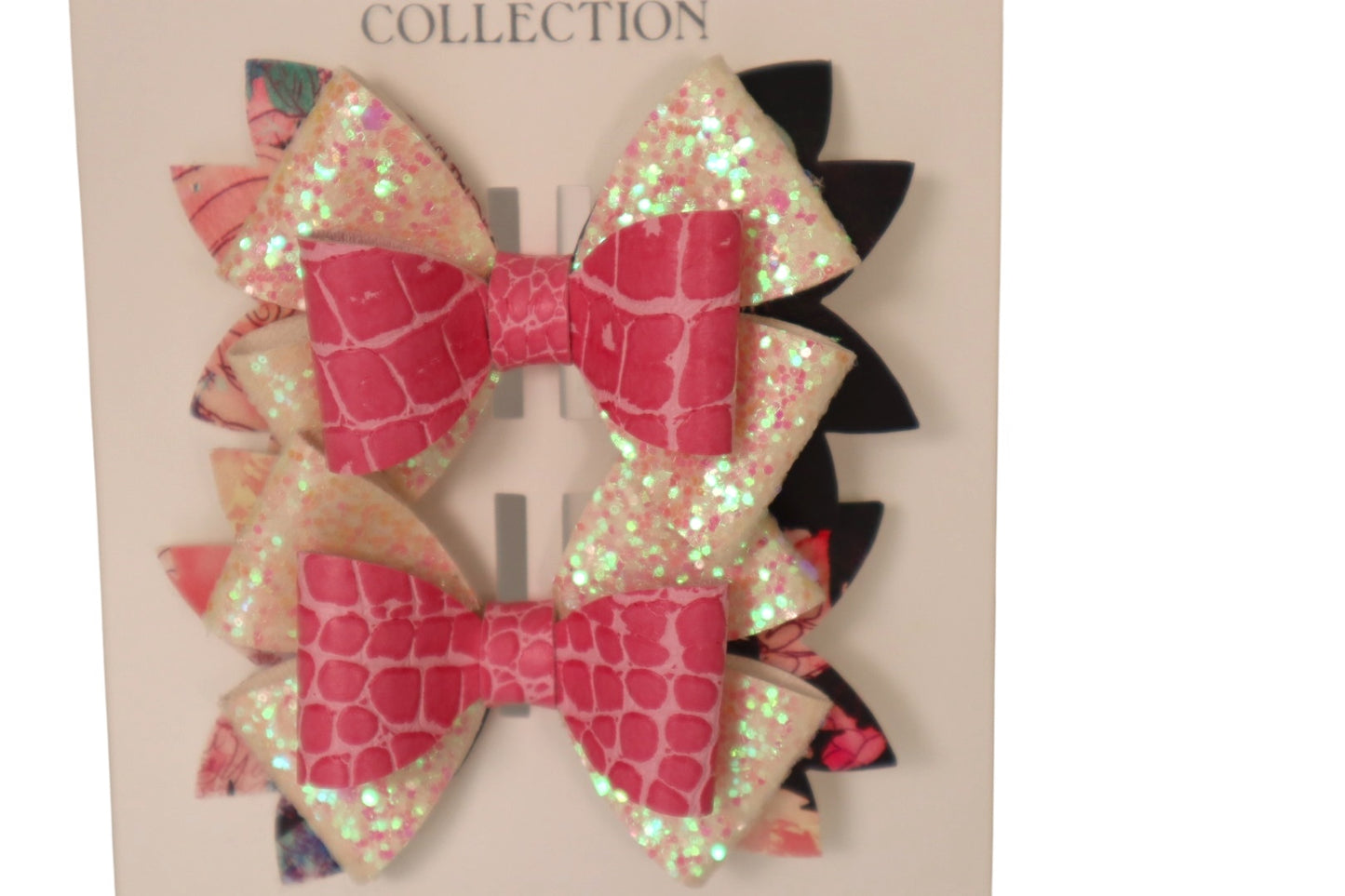 Handmade pink faux crocodile skin pigtail hair bows