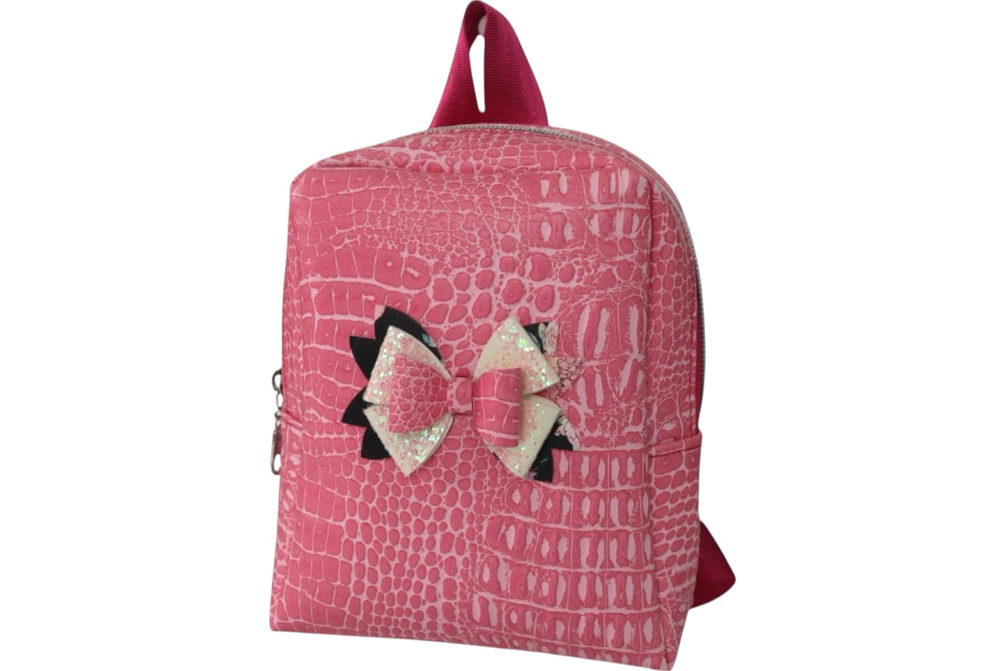 Pink faux leather handmade toddler backpack with bow accent