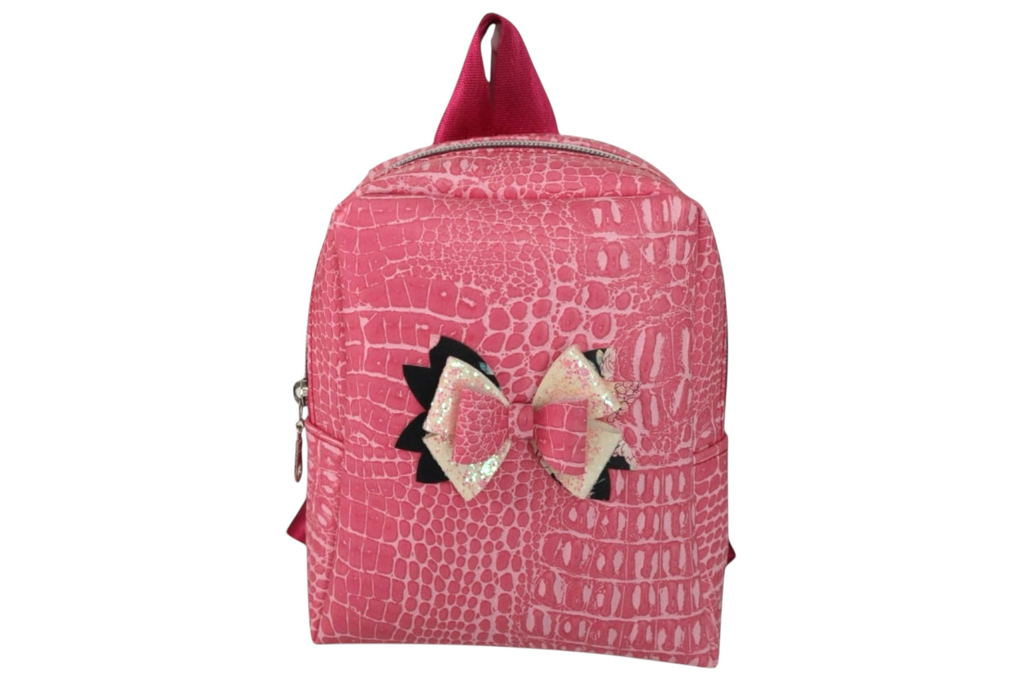 Pink faux leather handmade toddler backpack with bow accent