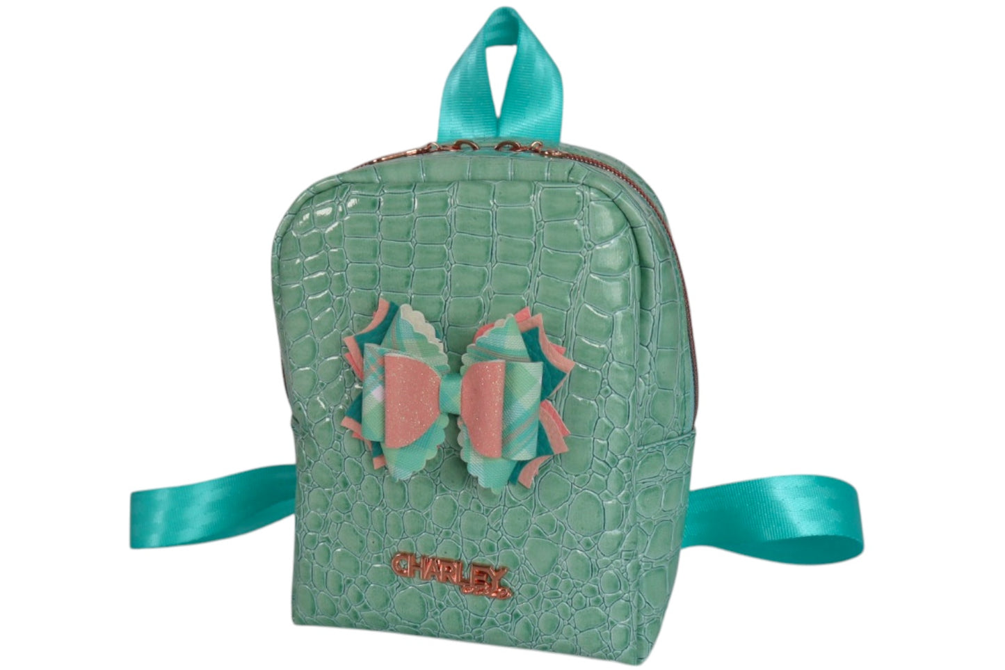 Handmade teal green toddler backpack with bow accent