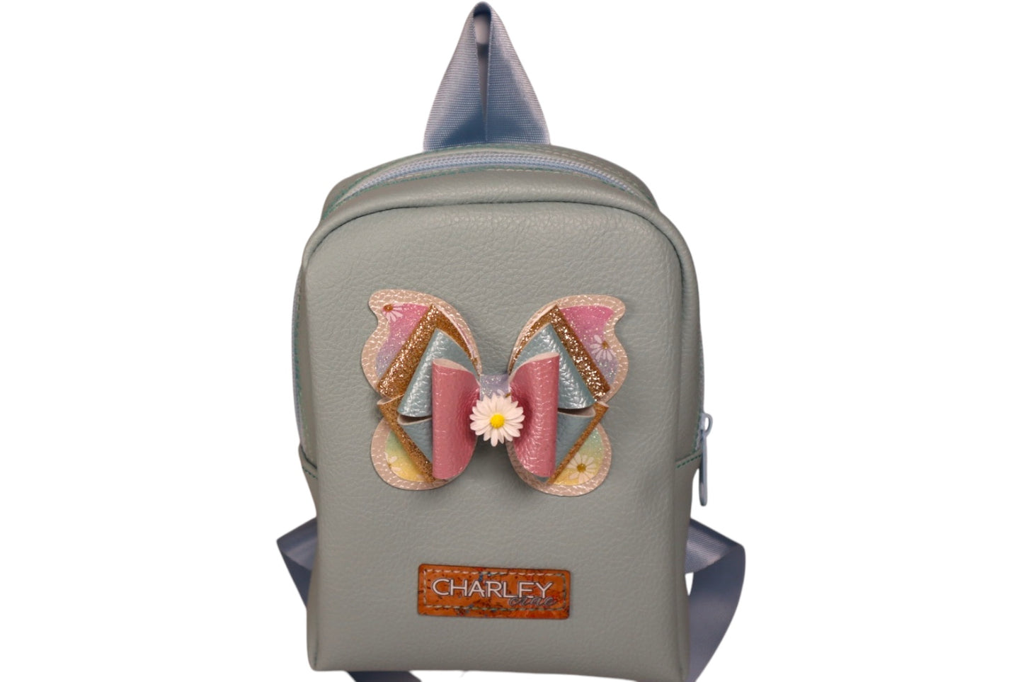 Light Blue faux leather handmade toddler backpack with butterfly bow
