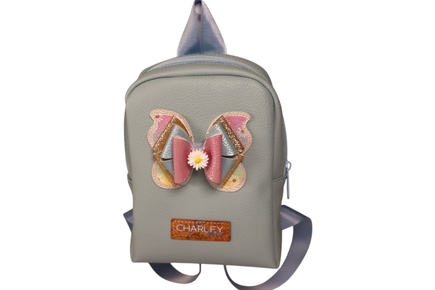 Light Blue faux leather handmade toddler backpack with butterfly bow