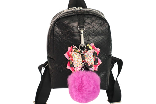 Handmade black faux crocodile skin kids fashion backpack with adjustable straps and removable pom pom bow keychain