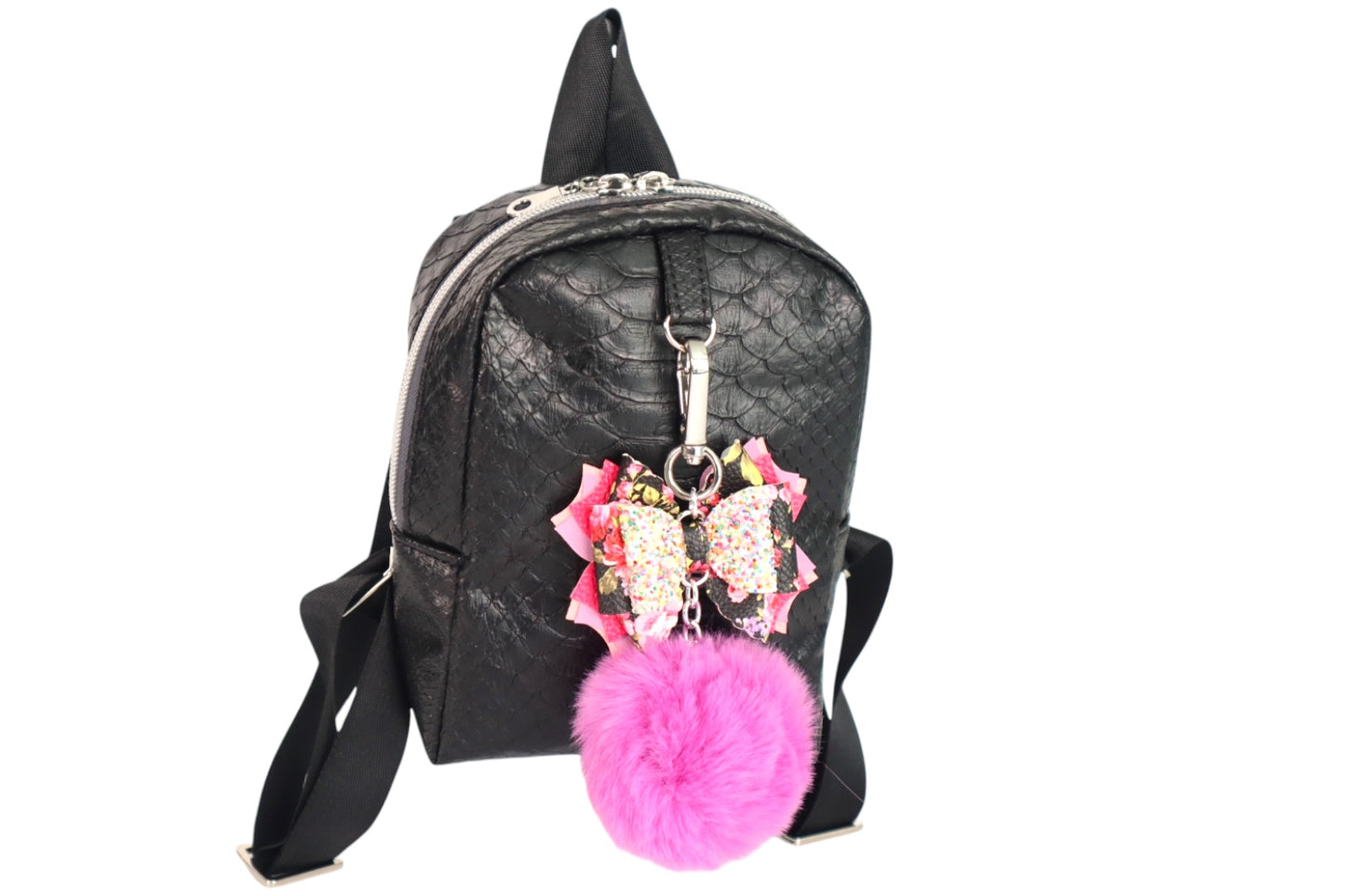 Handmade black faux crocodile skin kids fashion backpack with adjustable straps and removable pom pom bow keychain