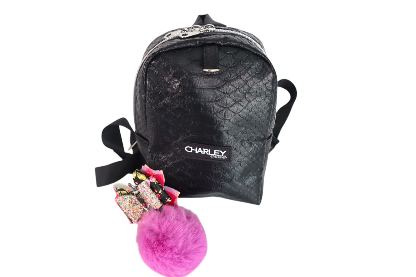 Handmade black faux crocodile skin kids fashion backpack with adjustable straps and removable pom pom bow keychain