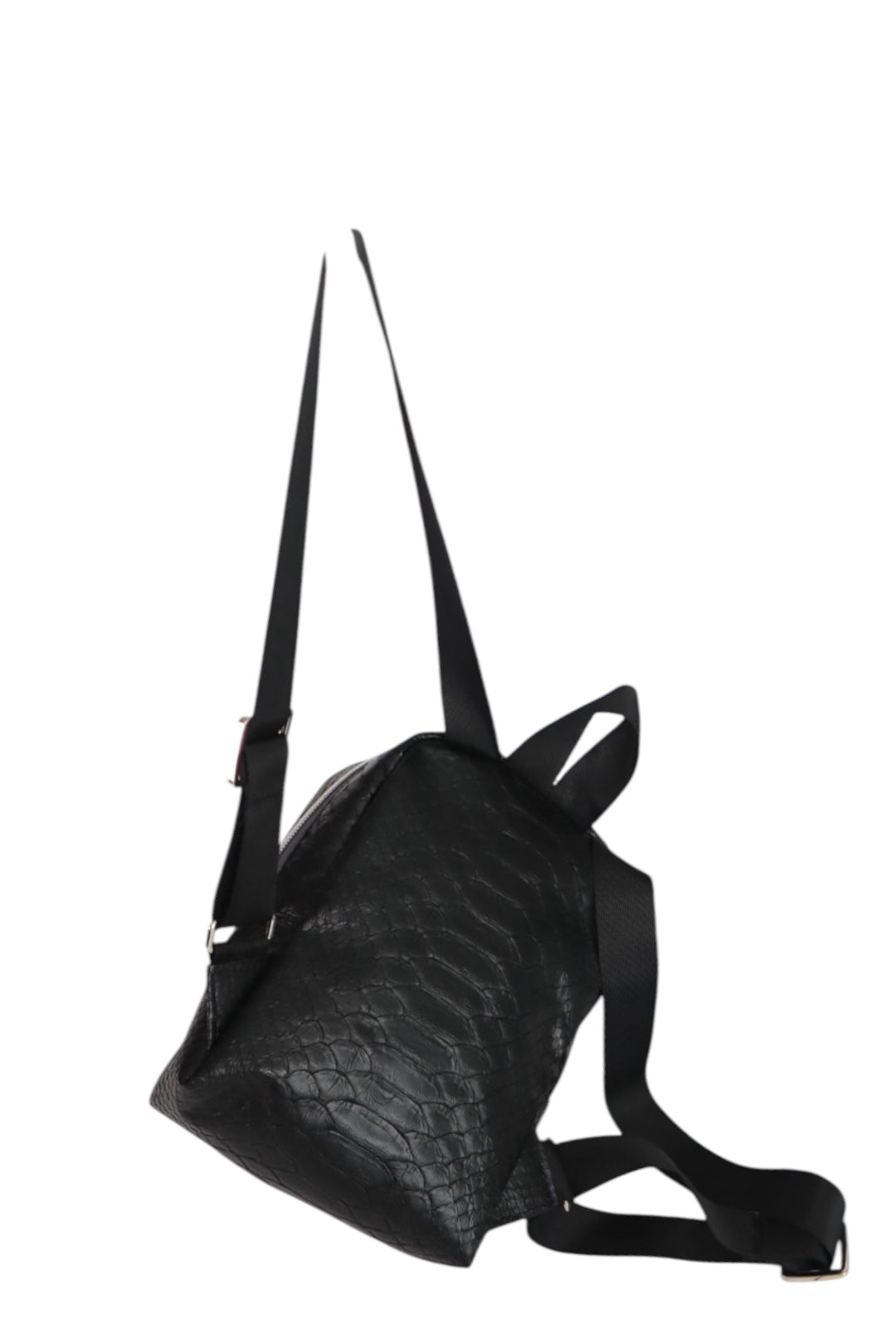 Handmade black faux crocodile skin kids fashion backpack with adjustable straps and removable pom pom bow keychain